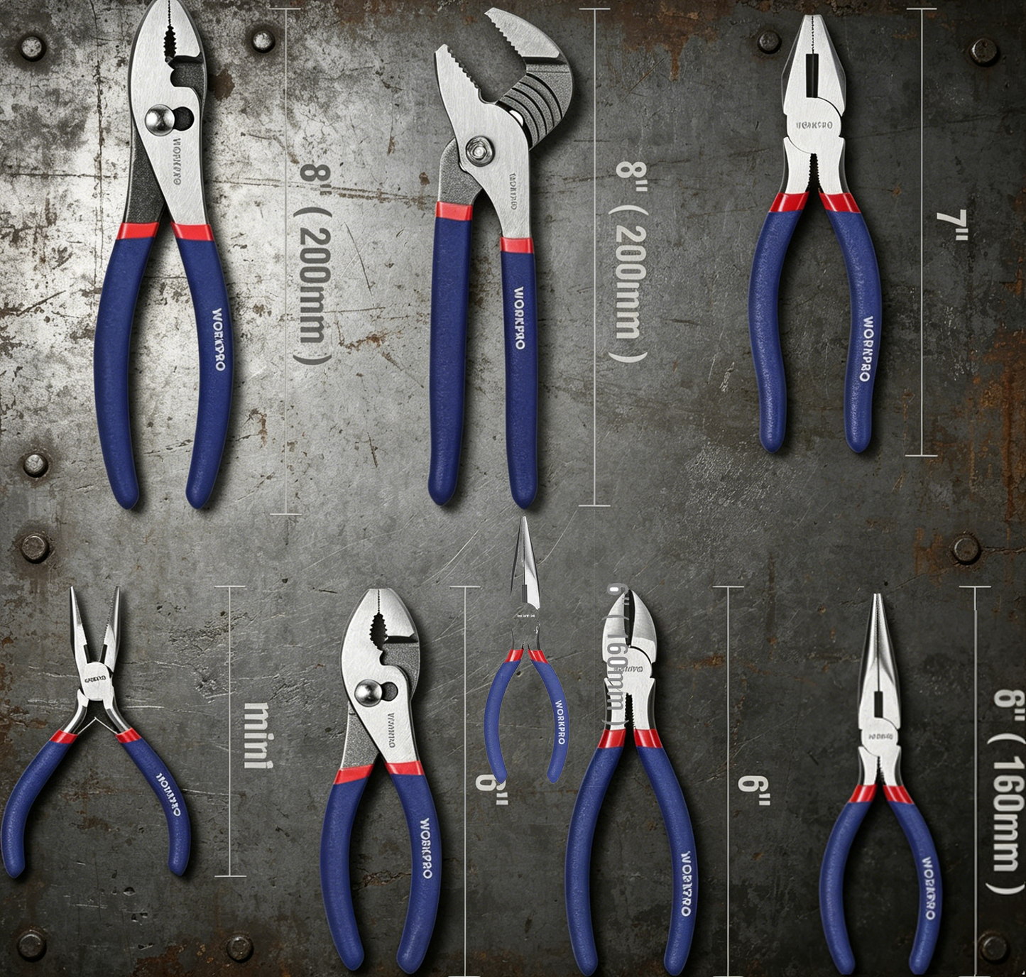 7-piece WORKPRO Pliers Set with Groove Joint, Long Nose, Slip Joint
